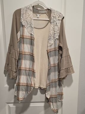 Two Piece - Boho Knot Top With Plaid And Lace Vest